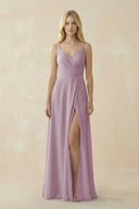 V - Neck Ruched Chiffon Bridesmaid Dress with Slit in Dusk - SHE IS ME Bridesmaid Dresses
