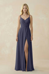 V - Neck Ruched Chiffon Bridesmaid Dress with Slit in Dusk Blue - KISS BRIDAL Bridesmaid Dresses
