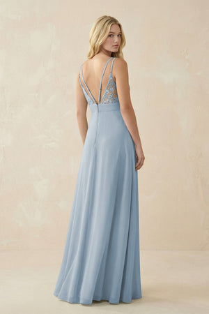 V - Neck Ruched Chiffon Bridesmaid Dress with Slit in Dusty Blue - SHE IS ME Bridesmaid Dresses