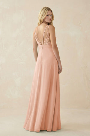 V - Neck Ruched Chiffon Bridesmaid Dress with Slit in English Rose - SHE IS ME Bridesmaid Dresses