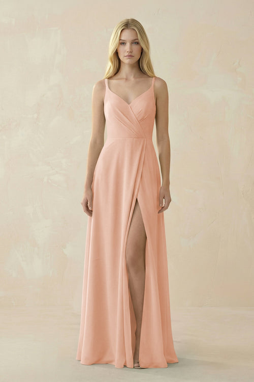 V - Neck Ruched Chiffon Bridesmaid Dress with Slit in English Rose - SHE IS ME Bridesmaid Dresses