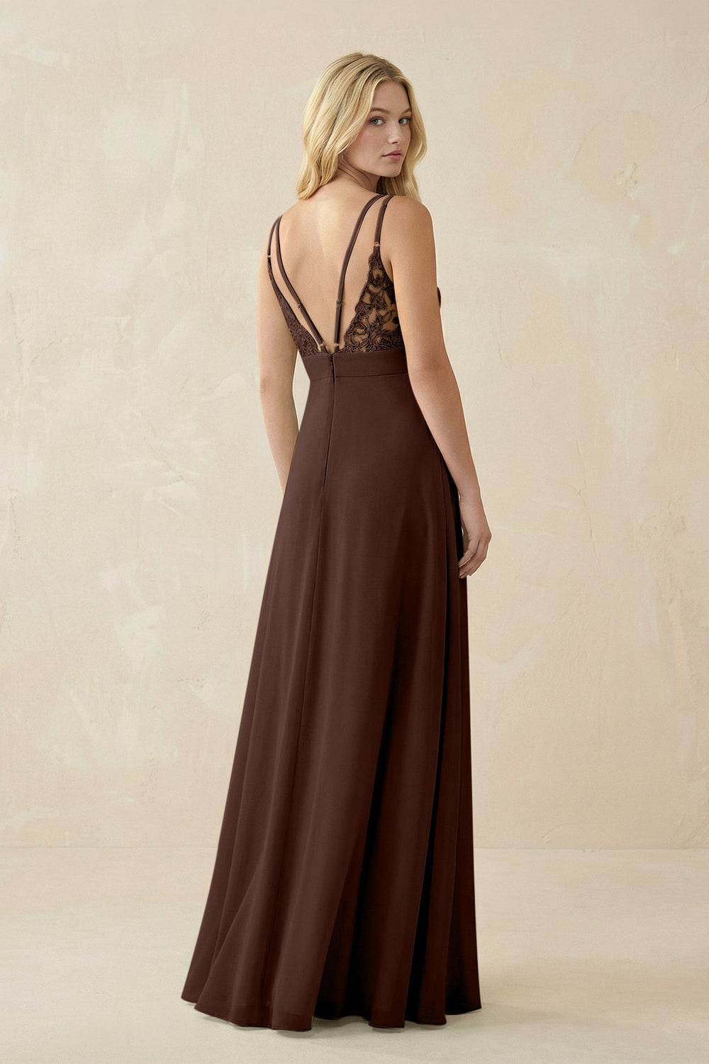 V - Neck Ruched Chiffon Bridesmaid Dress with Slit in Espresso - SHE IS ME Bridesmaid Dresses