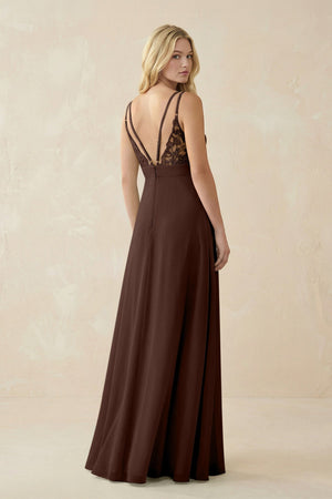 V - Neck Ruched Chiffon Bridesmaid Dress with Slit in Espresso - SHE IS ME Bridesmaid Dresses