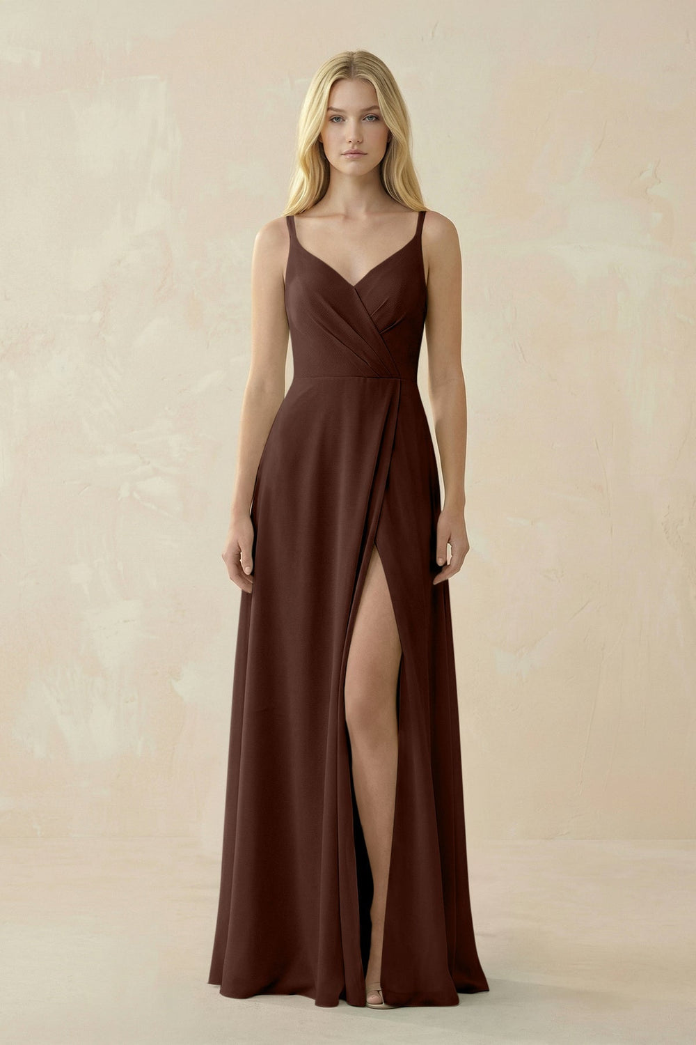 V - Neck Ruched Chiffon Bridesmaid Dress with Slit in Espresso - SHE IS ME Bridesmaid Dresses