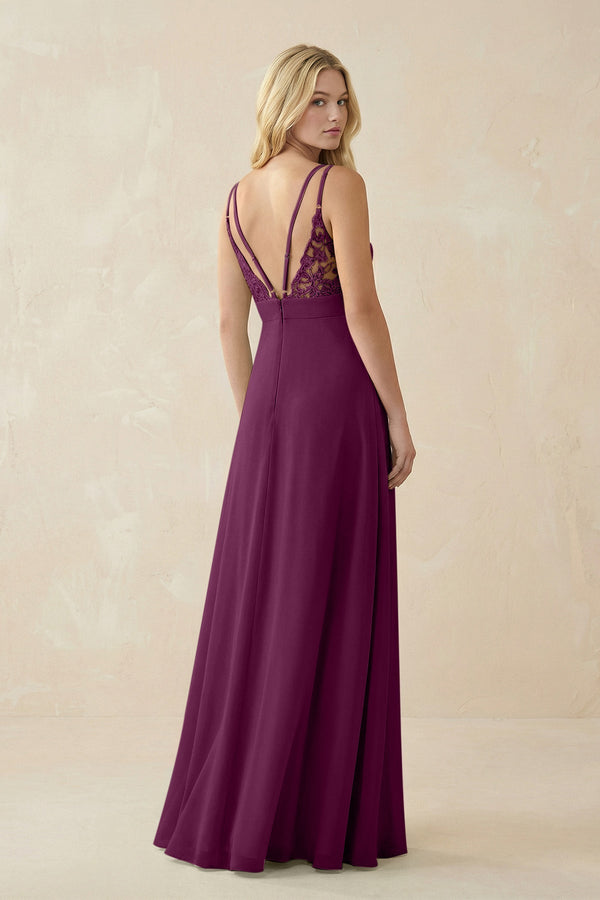 V - Neck Ruched Chiffon Bridesmaid Dress with Slit in Fig - SHE IS ME Bridesmaid Dresses