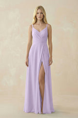 V - Neck Ruched Chiffon Bridesmaid Dress with Slit in Lavender - KISS BRIDAL Bridesmaid Dresses