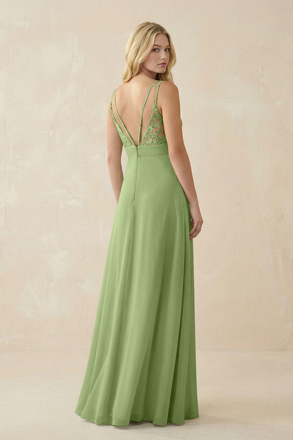 V - Neck Ruched Chiffon Bridesmaid Dress with Slit in Matcha - SHE IS ME Bridesmaid Dresses
