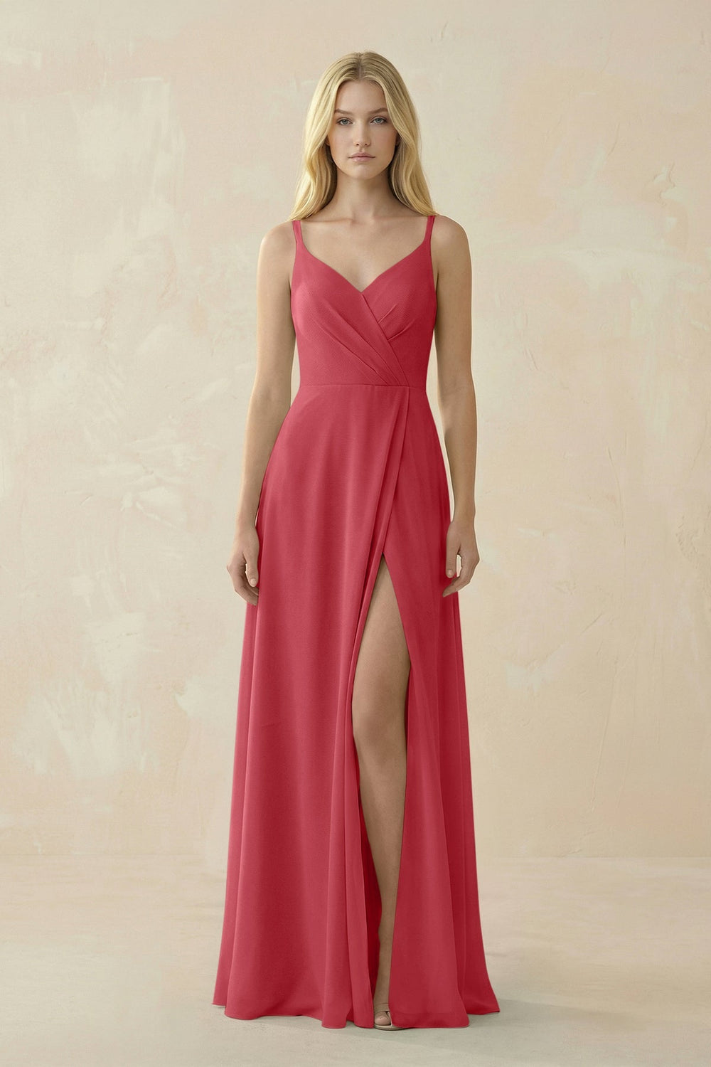 V - Neck Ruched Chiffon Bridesmaid Dress with Slit in Merlot - SHE IS ME Bridesmaid Dresses