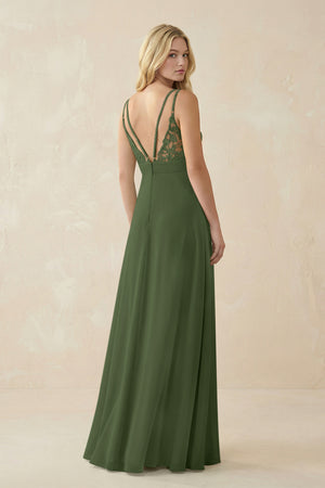 V-Neck Ruched Chiffon Bridesmaid Dress with Slit in Moss (2) | KISSBRIDAL