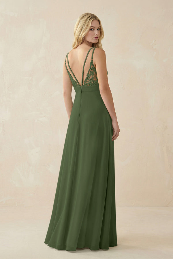 V-Neck Ruched Chiffon Bridesmaid Dress with Slit in Moss (2) | KISSBRIDAL