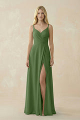 V - Neck Ruched Chiffon Bridesmaid Dress with Slit in Moss - KISS BRIDAL Bridesmaid Dresses