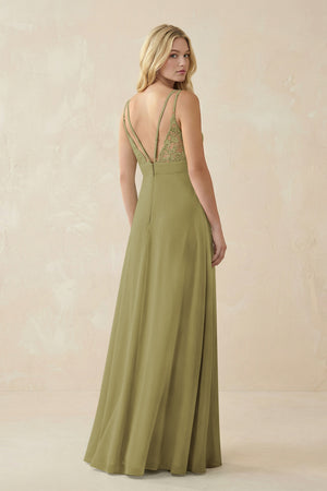 V-Neck Ruched Chiffon Bridesmaid Dress with Slit in Moss Green (2) | KISSBRIDAL