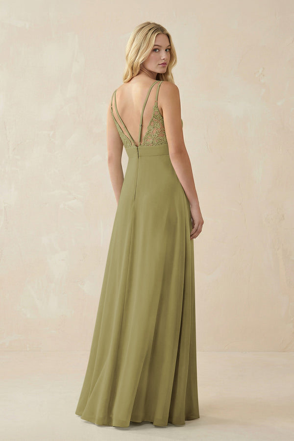 V-Neck Ruched Chiffon Bridesmaid Dress with Slit in Moss Green (2) | KISSBRIDAL