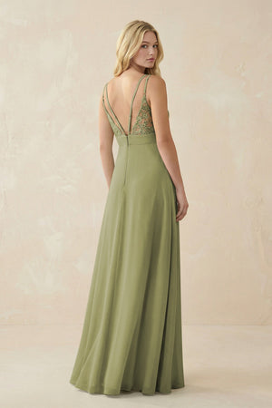V - Neck Ruched Chiffon Bridesmaid Dress with Slit in Moss Green - SHE IS ME Bridesmaid Dresses