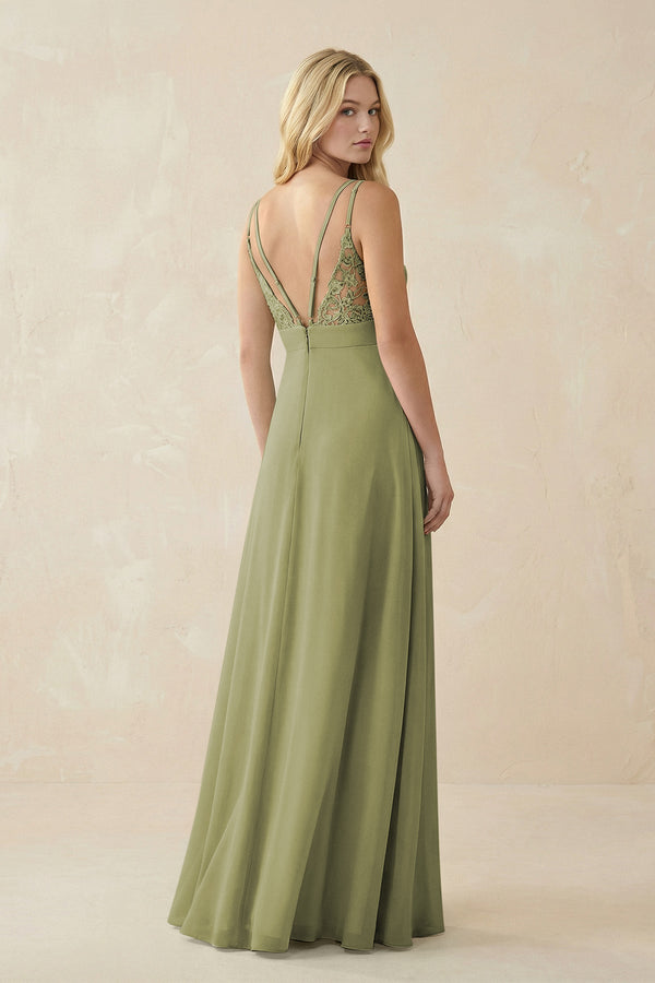 V - Neck Ruched Chiffon Bridesmaid Dress with Slit in Moss Green - SHE IS ME Bridesmaid Dresses