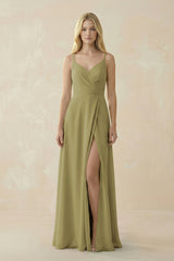 V-Neck Ruched Chiffon Bridesmaid Dress with Slit in Moss Green | KISSBRIDAL