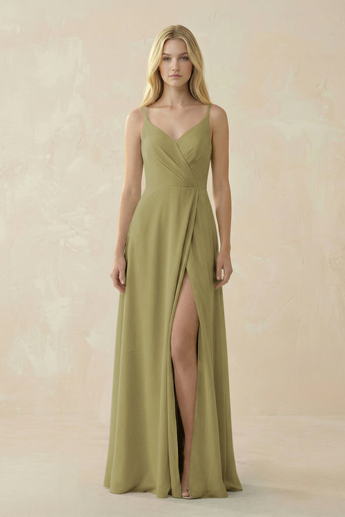 V-Neck Ruched Chiffon Bridesmaid Dress with Slit in Moss Green | KISSBRIDAL