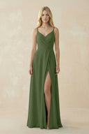 V-Neck Ruched Chiffon Bridesmaid Dress with Slit in Moss | KISSBRIDAL