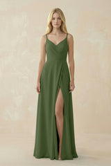V-Neck Ruched Chiffon Bridesmaid Dress with Slit in Moss | KISSBRIDAL