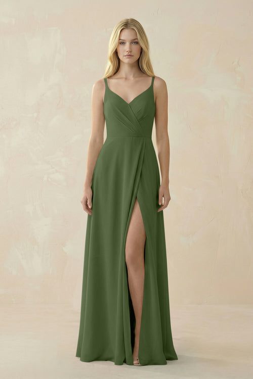V-Neck Ruched Chiffon Bridesmaid Dress with Slit in Moss | KISSBRIDAL