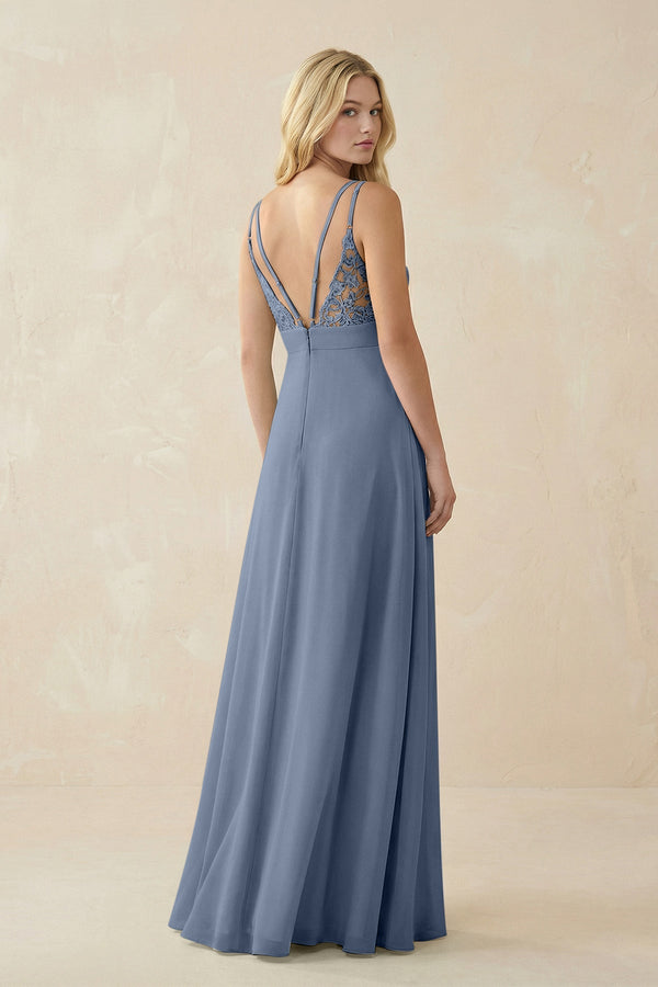 V - Neck Ruched Chiffon Bridesmaid Dress with Slit in Neptune - SHE IS ME Bridesmaid Dresses