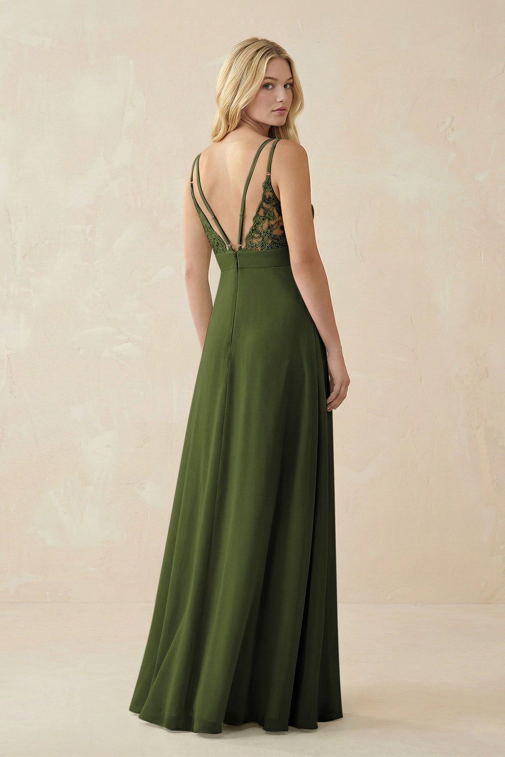 V - Neck Ruched Chiffon Bridesmaid Dress with Slit in Olive - SHE IS ME Bridesmaid Dresses
