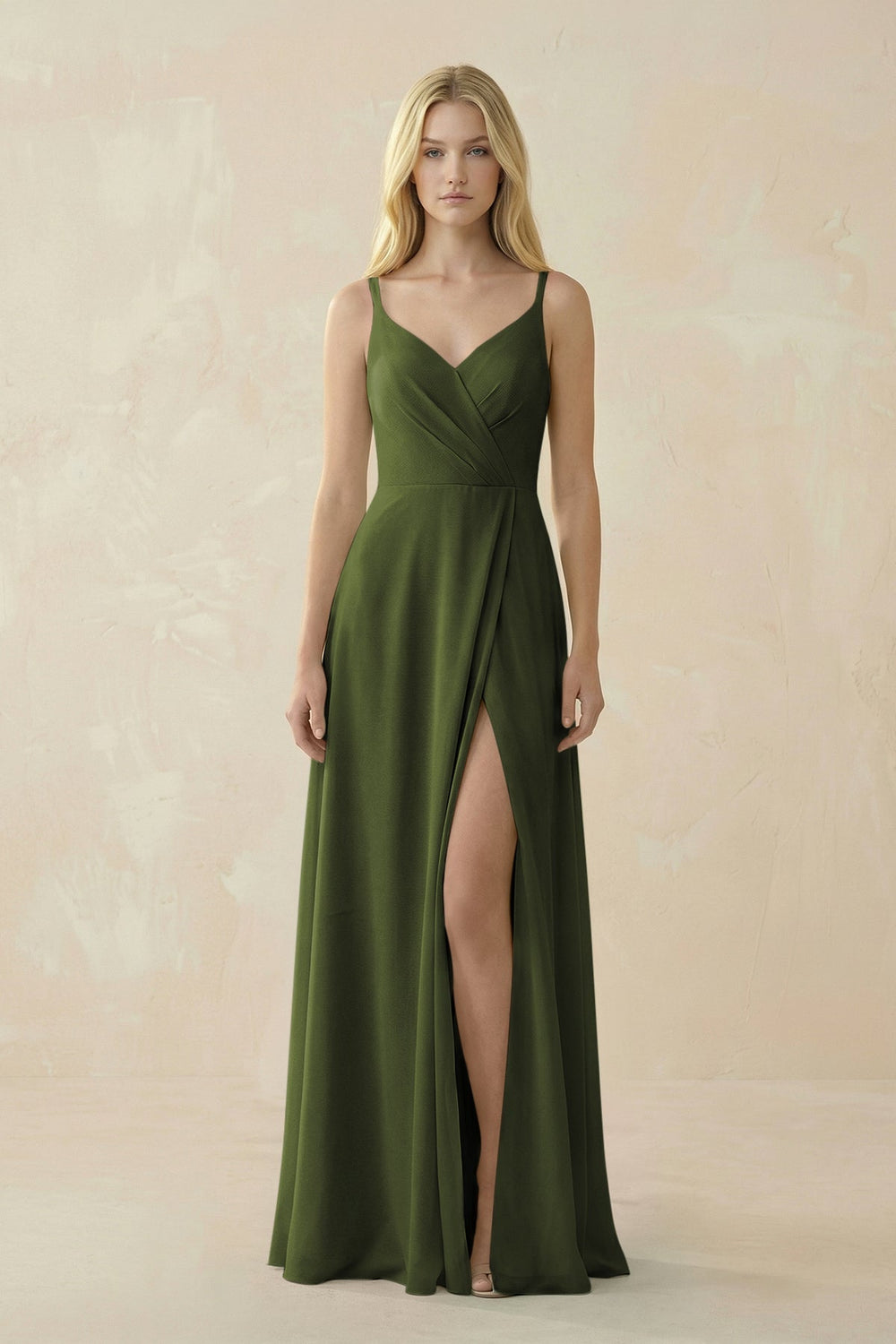 V - Neck Ruched Chiffon Bridesmaid Dress with Slit in Olive - SHE IS ME Bridesmaid Dresses