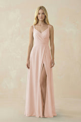 V - Neck Ruched Chiffon Bridesmaid Dress with Slit in Pale Blush - KISS BRIDAL Bridesmaid Dresses