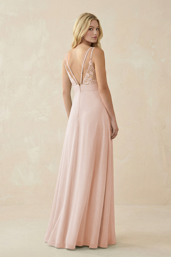 V - Neck Ruched Chiffon Bridesmaid Dress with Slit in Pale Blush - SHE IS ME Bridesmaid Dresses