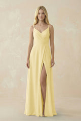 V - Neck Ruched Chiffon Bridesmaid Dress with Slit in Pastel Yellow - KISS BRIDAL Bridesmaid Dresses