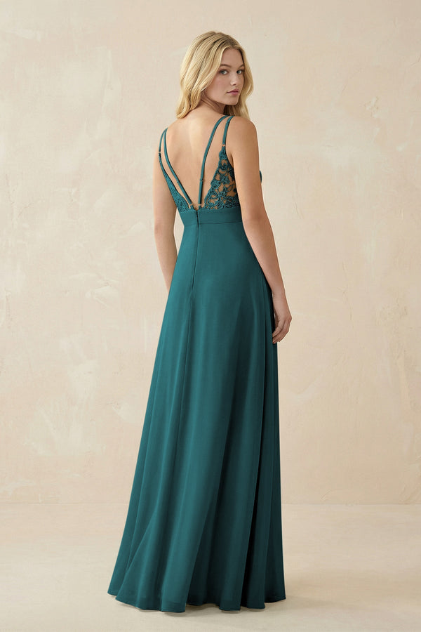 V - Neck Ruched Chiffon Bridesmaid Dress with Slit in Pine - SHE IS ME Bridesmaid Dresses