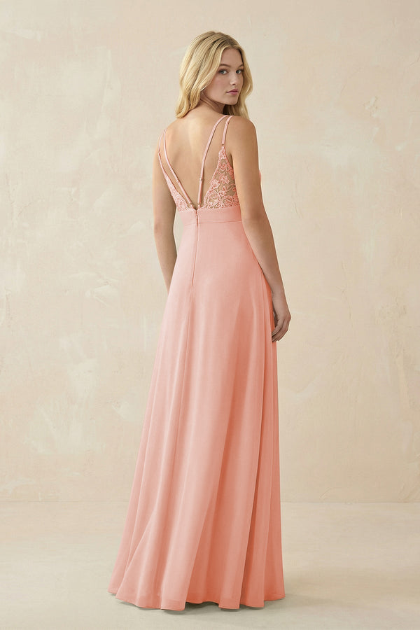 V - Neck Ruched Chiffon Bridesmaid Dress with Slit in Rose Petal - SHE IS ME Bridesmaid Dresses