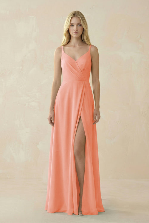 V - Neck Ruched Chiffon Bridesmaid Dress with Slit in Rosette - SHE IS ME Bridesmaid Dresses