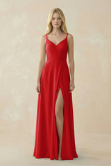 V - Neck Ruched Chiffon Bridesmaid Dress with Slit in Ruby Red - KISS BRIDAL Bridesmaid Dresses