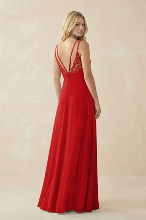 V - Neck Ruched Chiffon Bridesmaid Dress with Slit in Ruby Red - SHE IS ME Bridesmaid Dresses