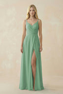 V - Neck Ruched Chiffon Bridesmaid Dress with Slit in Sea Glass - SHE IS ME Bridesmaid Dresses