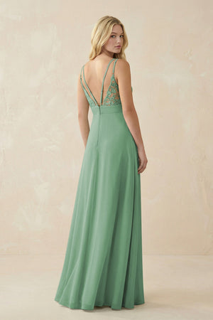 V - Neck Ruched Chiffon Bridesmaid Dress with Slit in Sea Glass - SHE IS ME Bridesmaid Dresses