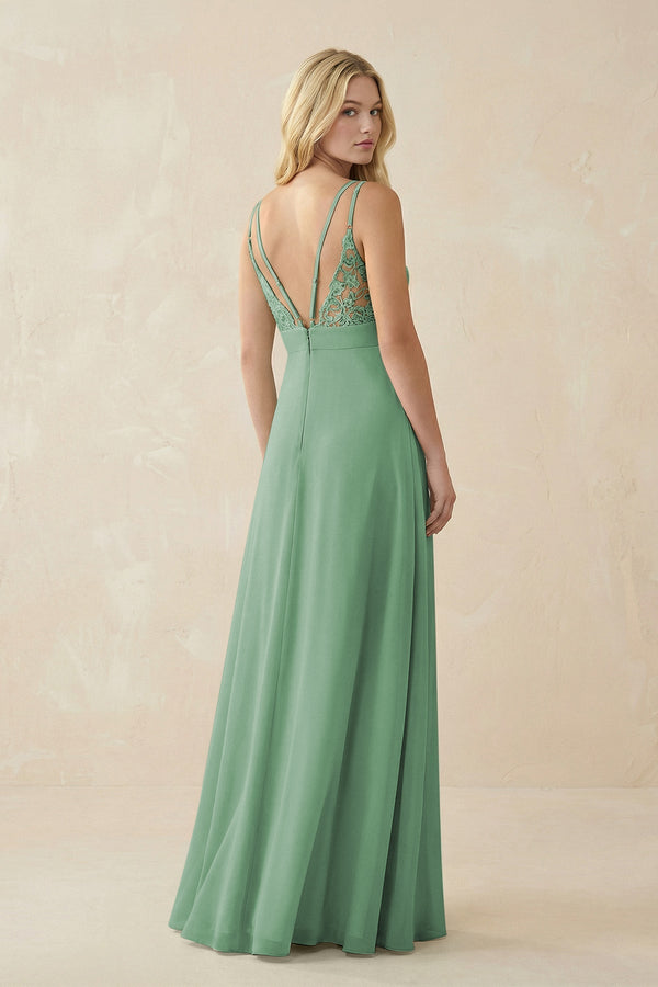 V - Neck Ruched Chiffon Bridesmaid Dress with Slit in Sea Glass - SHE IS ME Bridesmaid Dresses