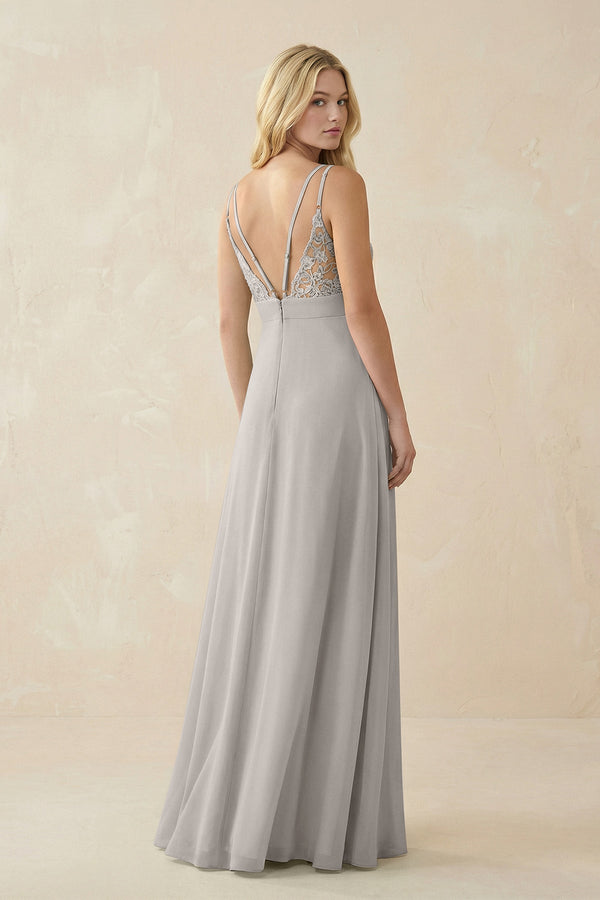 V - Neck Ruched Chiffon Bridesmaid Dress with Slit in Silver - SHE IS ME Bridesmaid Dresses
