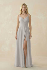 V - Neck Ruched Chiffon Bridesmaid Dress with Slit in Silver - KISS BRIDAL Bridesmaid Dresses