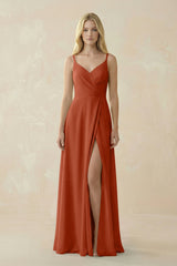 V - Neck Ruched Chiffon Bridesmaid Dress with Slit in Spice - KISS BRIDAL Bridesmaid Dresses