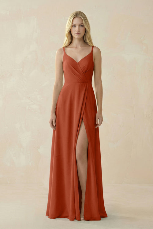 V - Neck Ruched Chiffon Bridesmaid Dress with Slit in Spice - SHE IS ME Bridesmaid Dresses