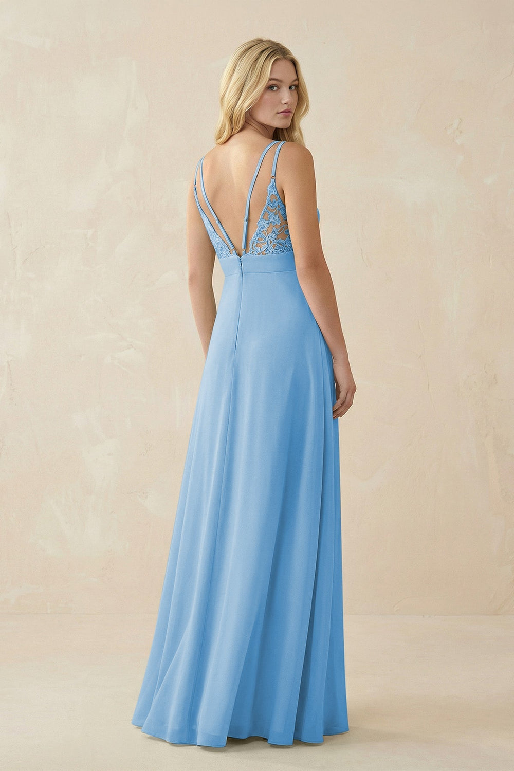 V - Neck Ruched Chiffon Bridesmaid Dress with Slit in Steel Blue - SHE IS ME Bridesmaid Dresses