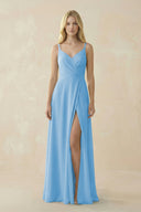 V - Neck Ruched Chiffon Bridesmaid Dress with Slit in Steel Blue - SHE IS ME Bridesmaid Dresses