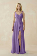 V - Neck Ruched Chiffon Bridesmaid Dress with Slit in Tahiti - SHE IS ME Bridesmaid Dresses