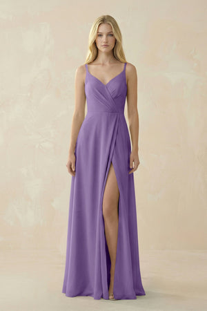 V - Neck Ruched Chiffon Bridesmaid Dress with Slit in Tahiti - SHE IS ME Bridesmaid Dresses
