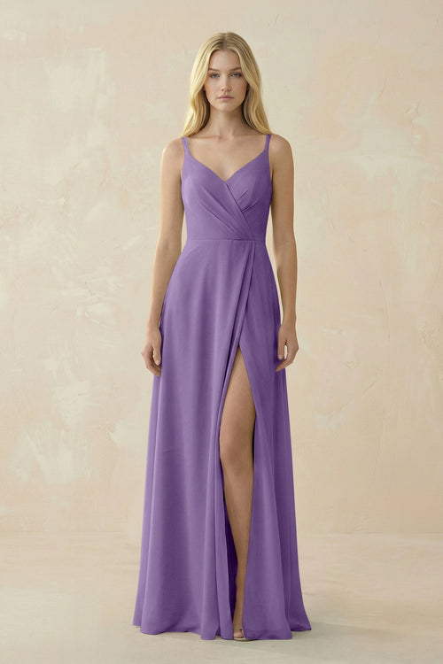V - Neck Ruched Chiffon Bridesmaid Dress with Slit in Tahiti - SHE IS ME Bridesmaid Dresses