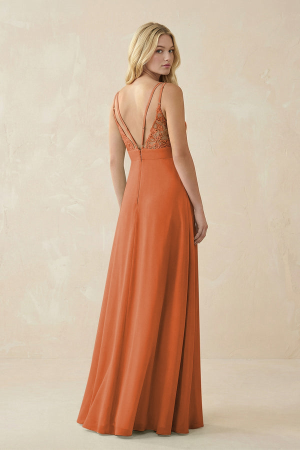 V - Neck Ruched Chiffon Bridesmaid Dress with Slit in Terracotta - SHE IS ME Bridesmaid Dresses