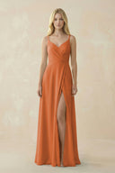 V - Neck Ruched Chiffon Bridesmaid Dress with Slit in Terracotta - SHE IS ME Bridesmaid Dresses
