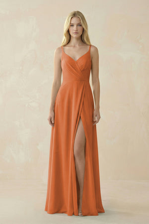 V - Neck Ruched Chiffon Bridesmaid Dress with Slit in Terracotta - SHE IS ME Bridesmaid Dresses